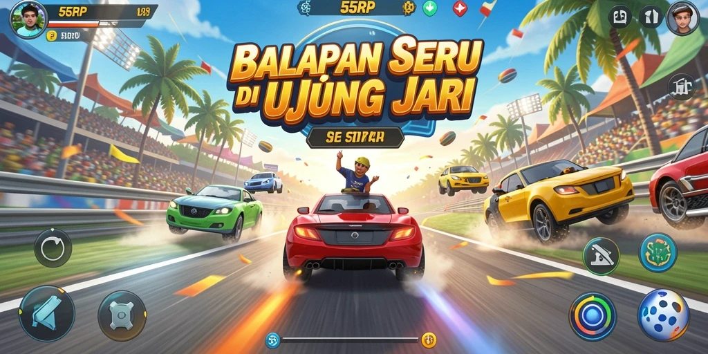 Tampilan balapan yang mendebarkan pada 55RP dengan mobil melaju kencang.