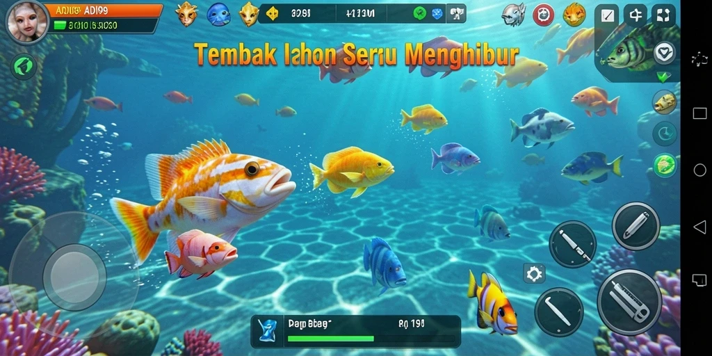 Screenshot gameplay ADI99 dengan aksi menembak ikan yang seru.