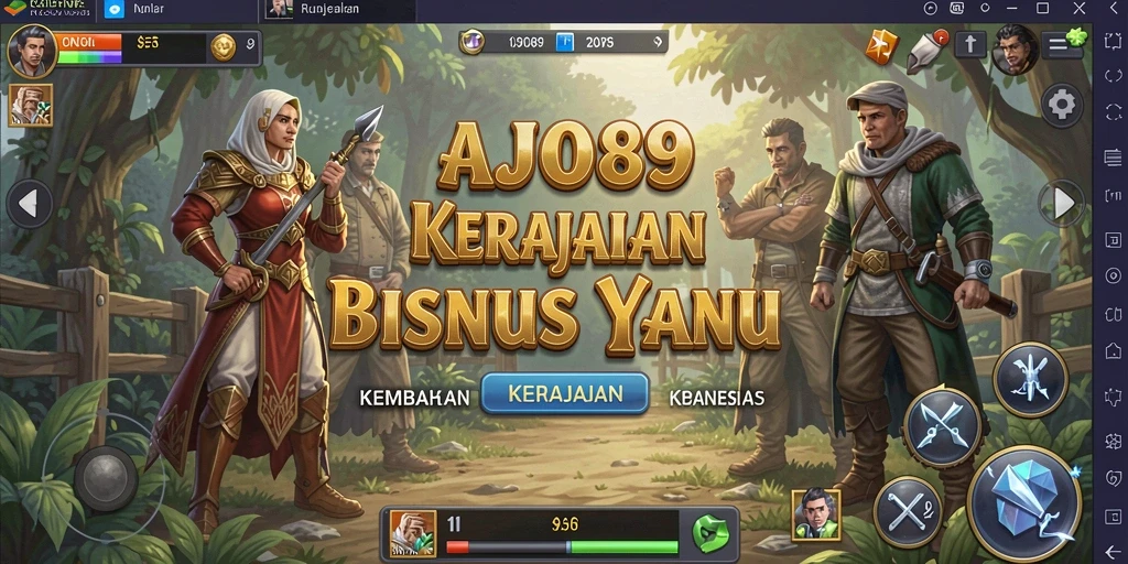 Screenshot gameplay AJO89 menunjukkan aktivitas membangun kerajaan bisnis.