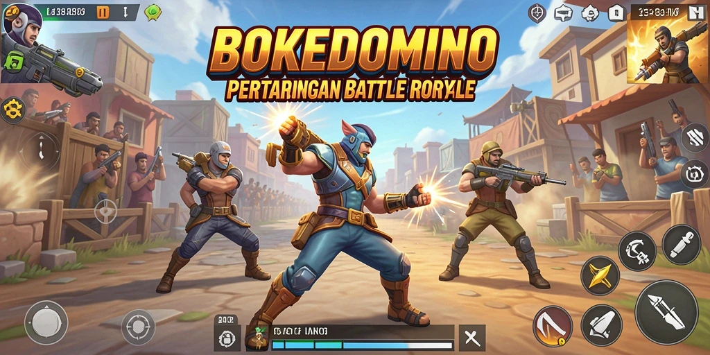 Tampilan utama BOKEDOMINO menampilkan aksi seru dalam pertandingan Battle Royale.