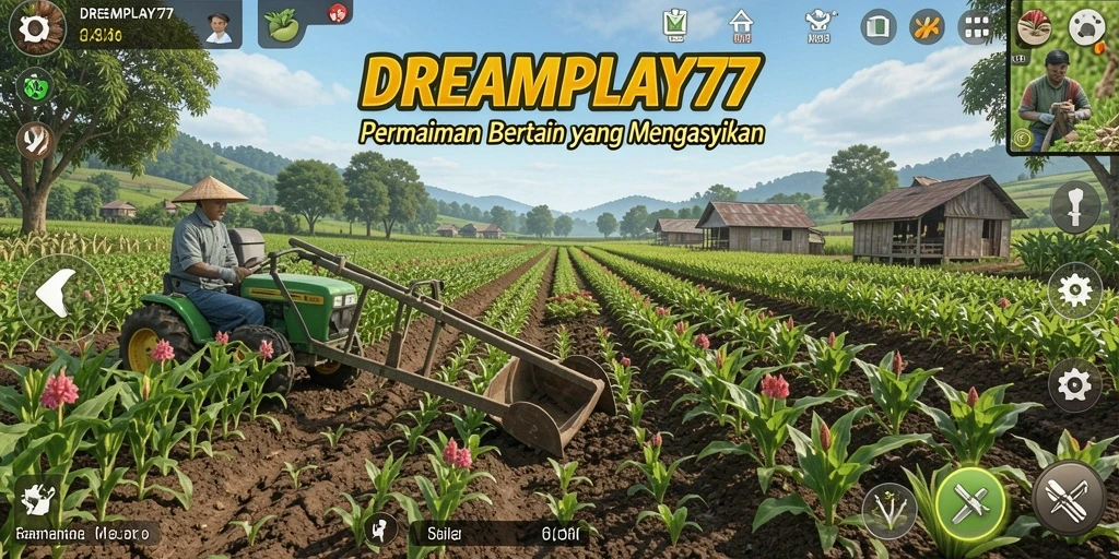 Tangkapan layar gameplay <strong>DREAMPLAY77</strong> yang menampilkan ladang yang indah dan tanaman yang subur.