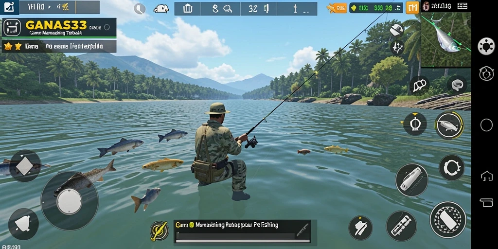 Screenshot gameplay GANAS33 yang menampilkan aktivitas memancing yang seru.