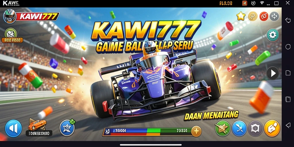 Screenshot utama menunjukkan aksi balapan seru di KAWI777.
