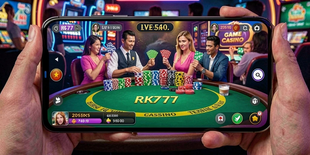 Menampilkan dealer langsung di RK77 dalam sesi permainan Live Casino.
