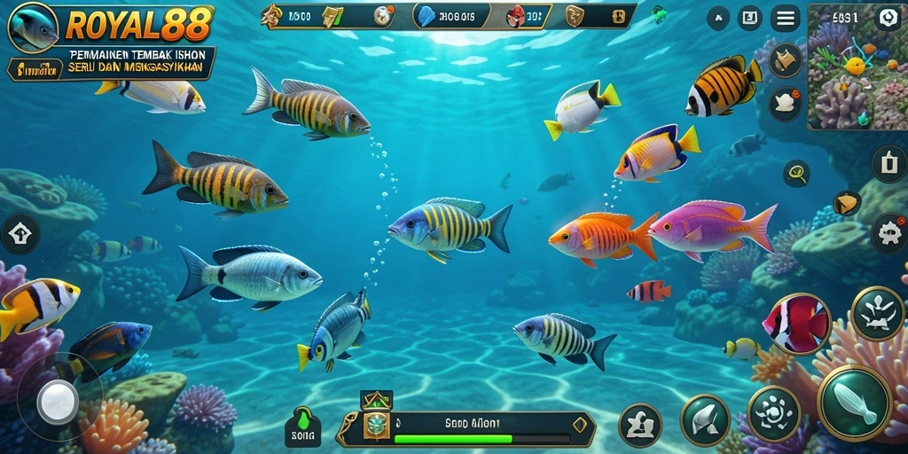 Screenshot gameplay Tembak Ikan ROYAL88 yang menampilkan aksi menembak ikan.