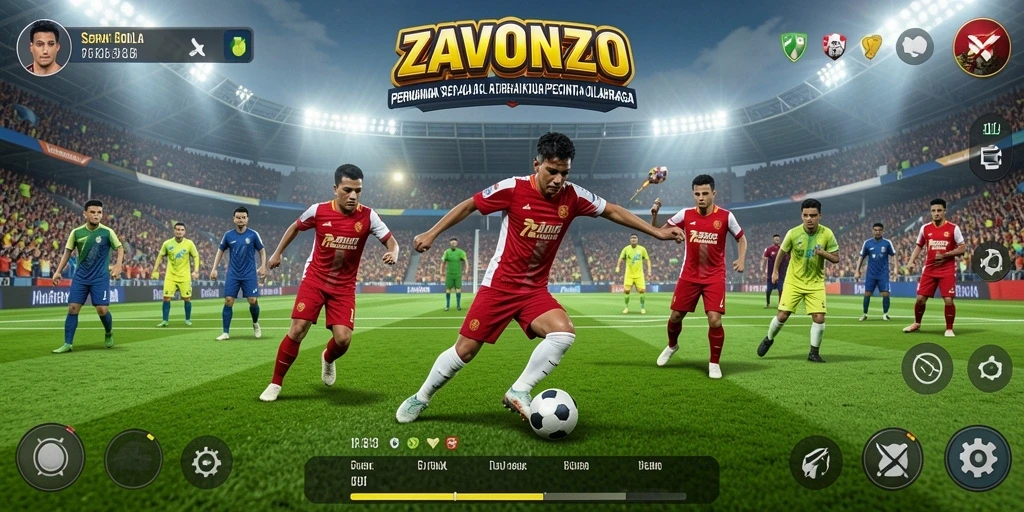 Tampilan gameplay ZAVONZO menonjolkan aksi sepak bola yang mendebarkan.
